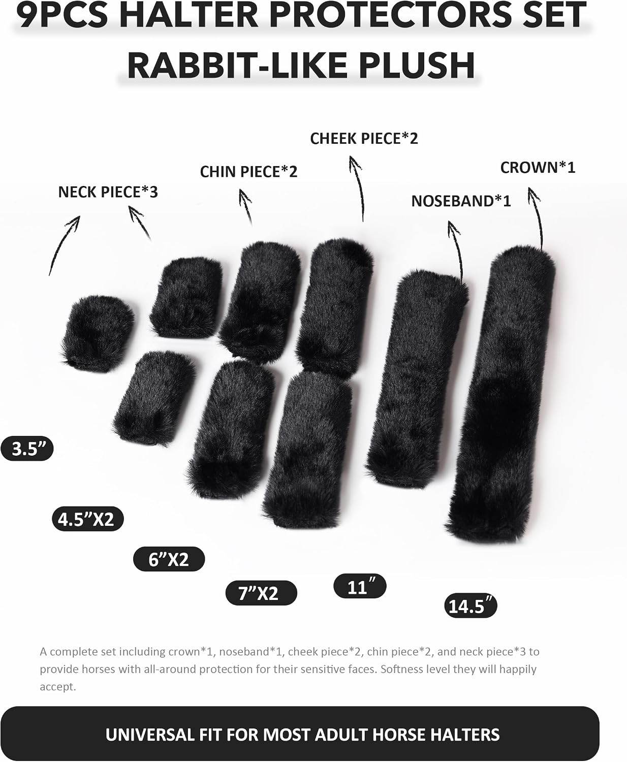 Breathable black fleece protective guards for horse halters during trailering.