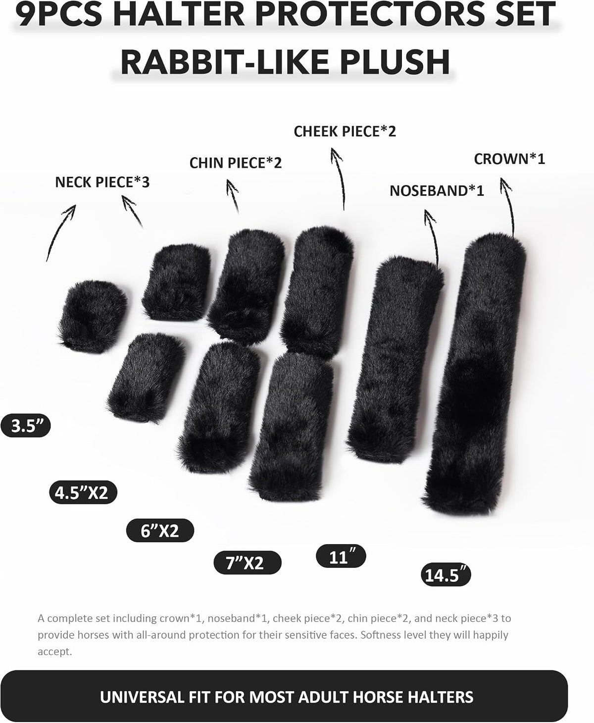 Breathable black fleece protective guards for horse halters during trailering.