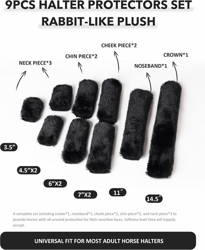 Breathable black fleece protective guards for horse halters during trailering.