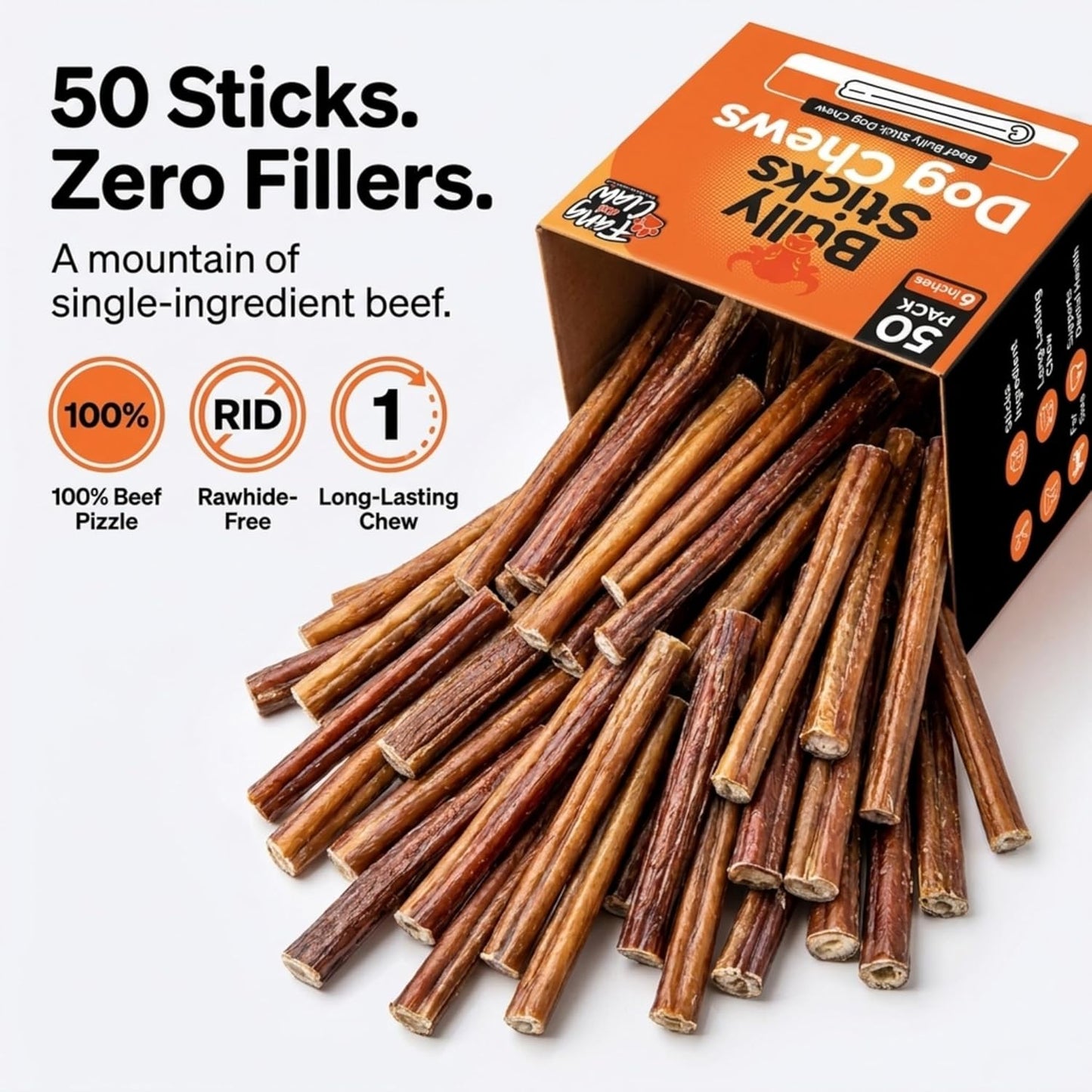 Fang and Claw single ingredient beef chews for aggressive chewers displayed outside the packaging box.