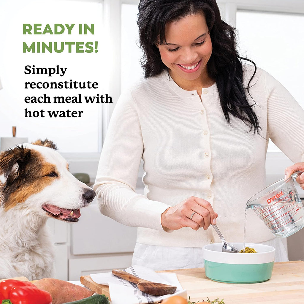 Back view of Dr Harveys pet food bag with clear preparation instructions and feeding guide tables