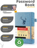 Molekaus password notebook showing open pages with single-letter alphabetical tabs.
