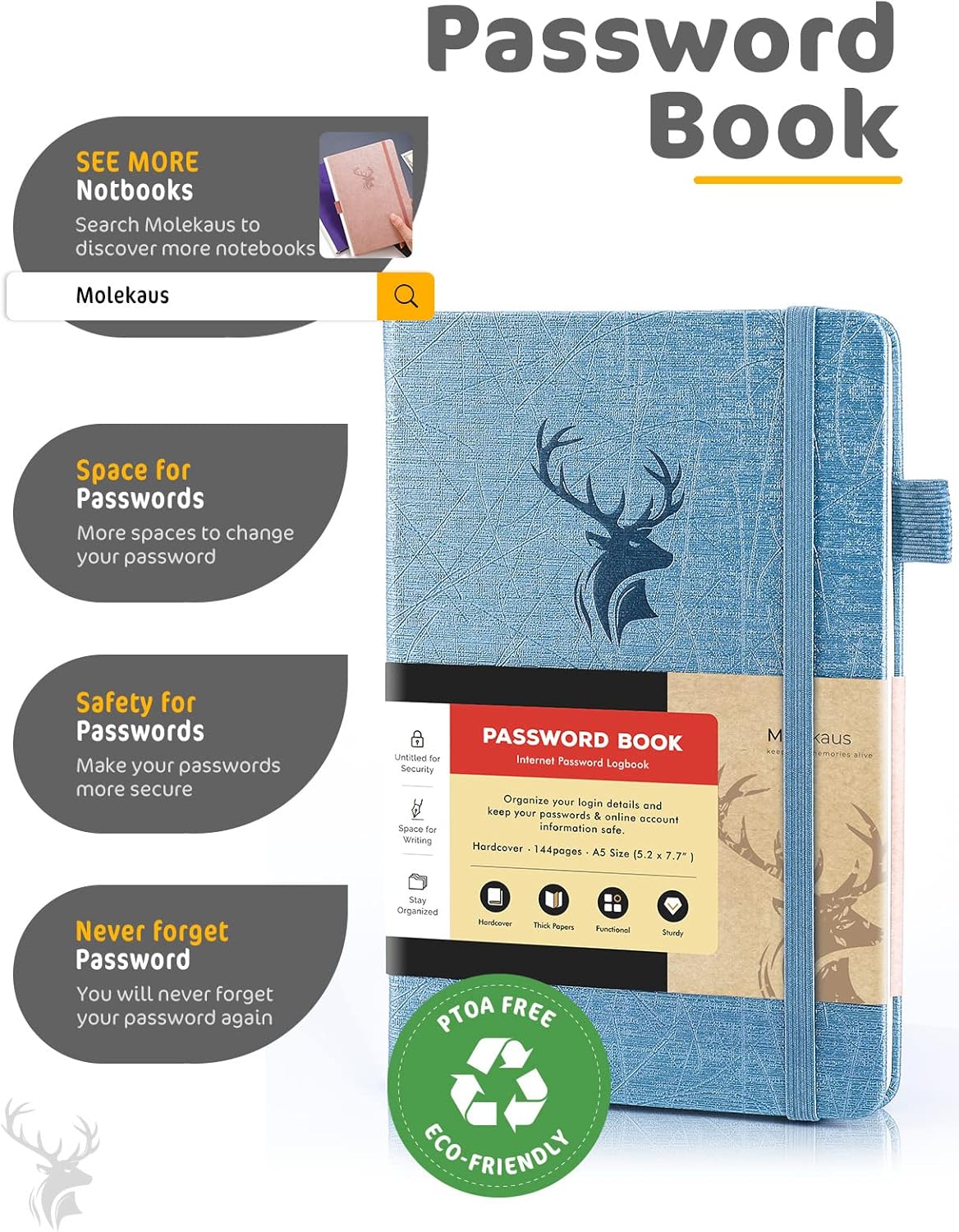 Molekaus password notebook showing open pages with single-letter alphabetical tabs.