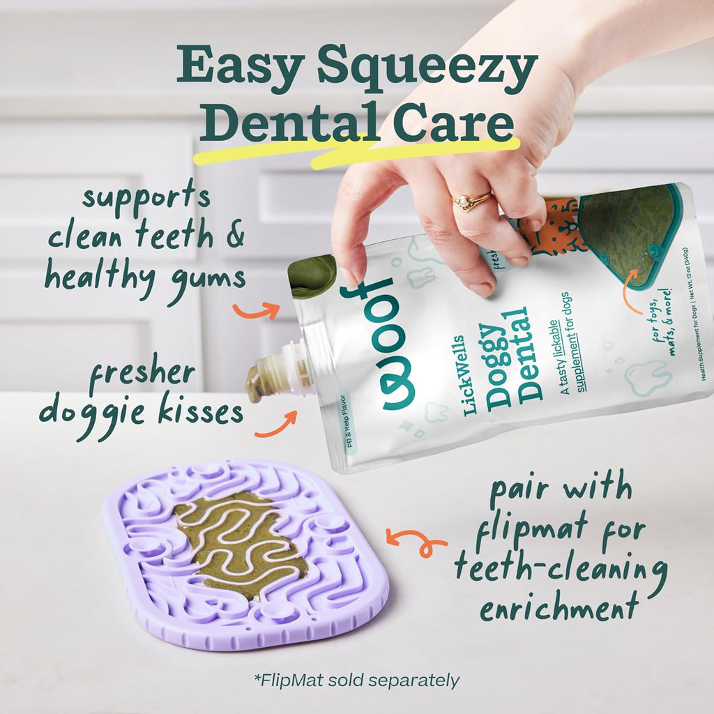 Dog dental care postbiotic spread for lick mats close up.
