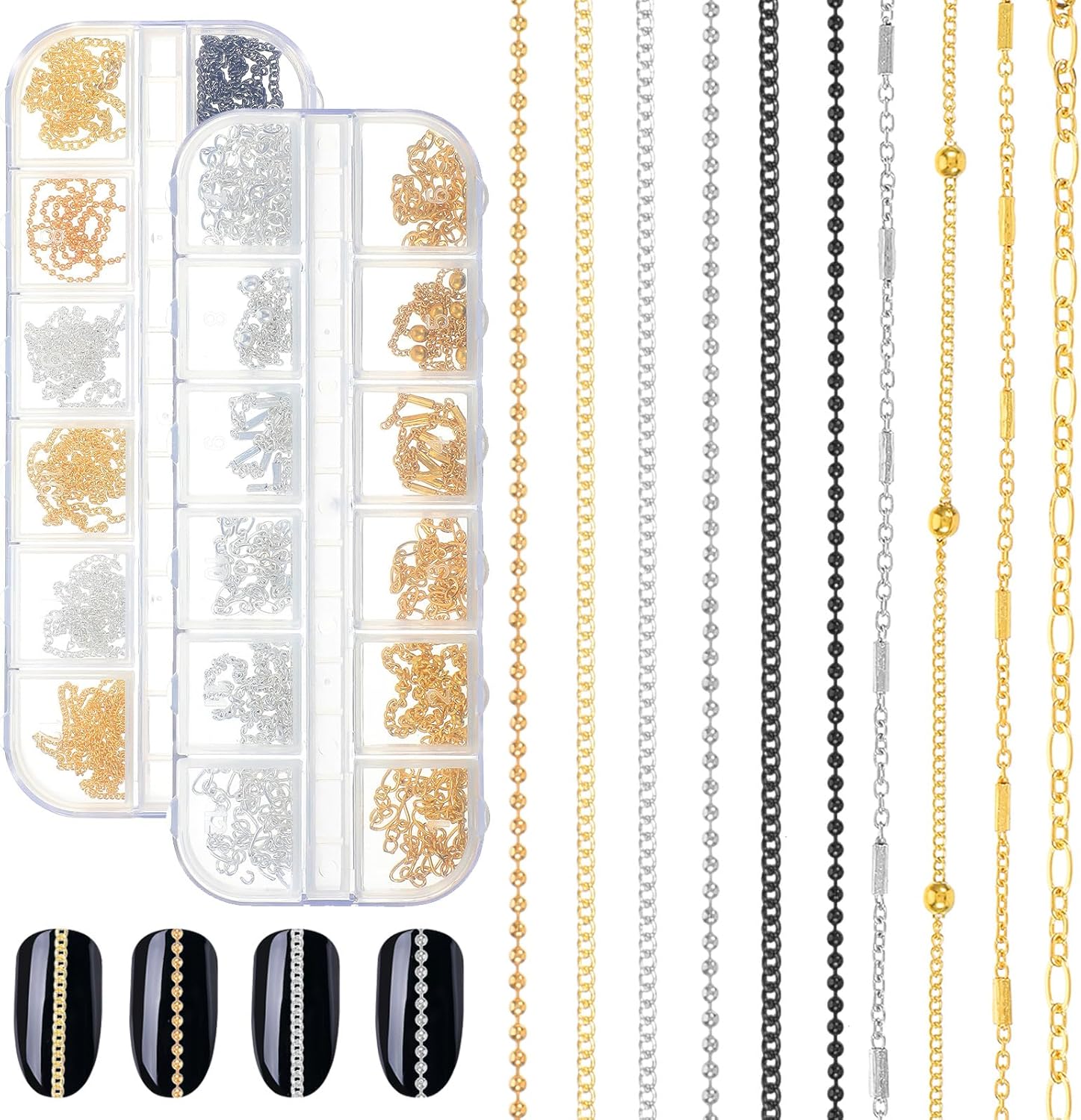 Aozuo 24 strips 3d nail art chains in storage box front view