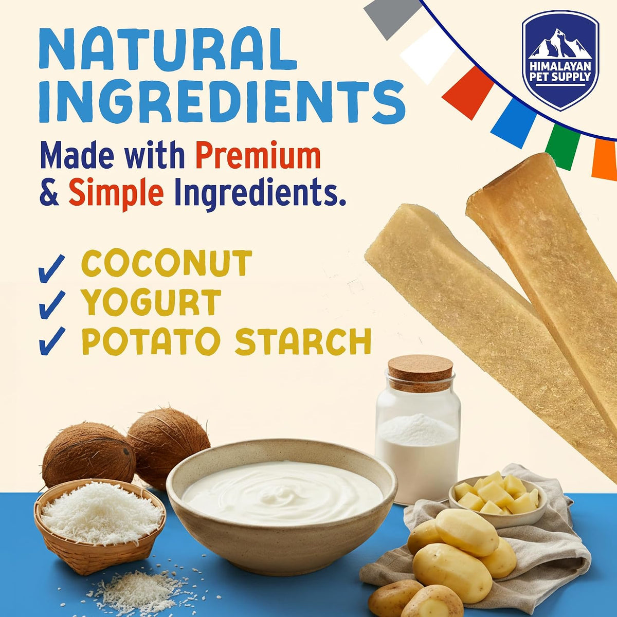 Himalayan Dog Chew mixed flavor sticks nutritional information and prebiotic benefits.
