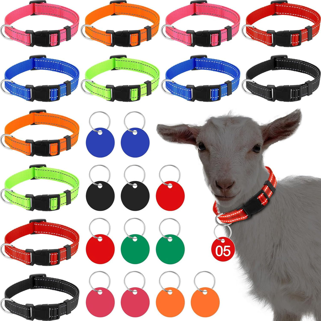 Foilswirl twelve pack reflective goat collars with number tags front view showing colorful nylon livestock identification bands.
