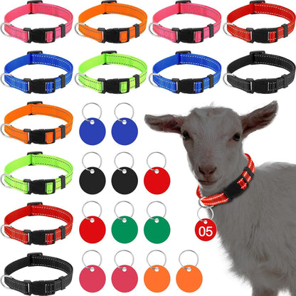 Foilswirl twelve pack reflective goat collars with number tags front view showing colorful nylon livestock identification bands.