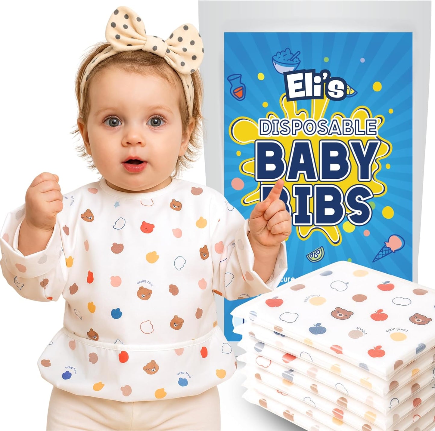 Eli with Love Disposable Individually Wrapped Bibs front view showcasing the multicolor long sleeve design
