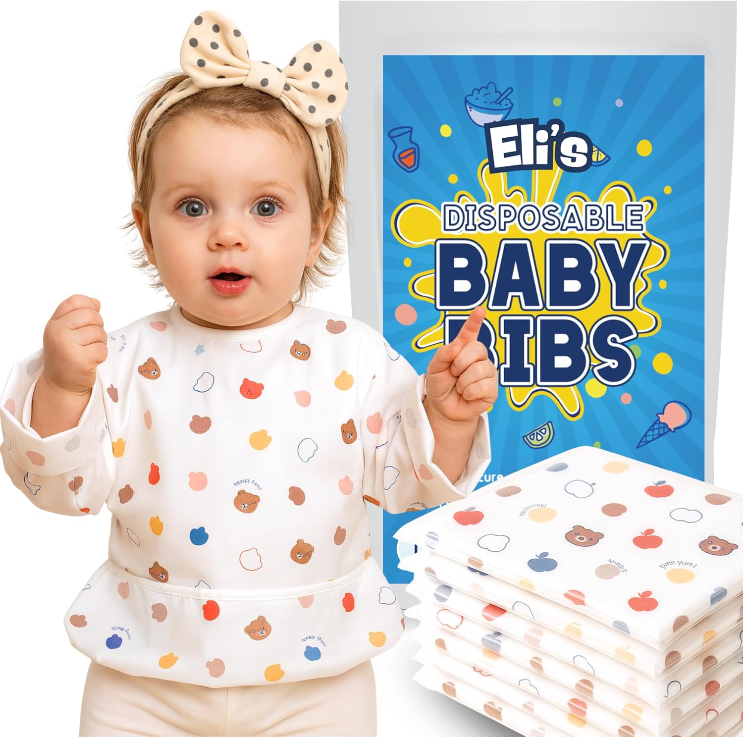 Eli with Love Disposable Individually Wrapped Bibs front view showcasing the multicolor long sleeve design