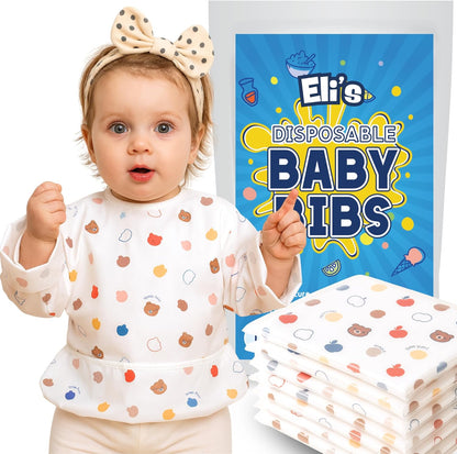 Eli with Love Disposable Individually Wrapped Bibs front view showcasing the multicolor long sleeve design