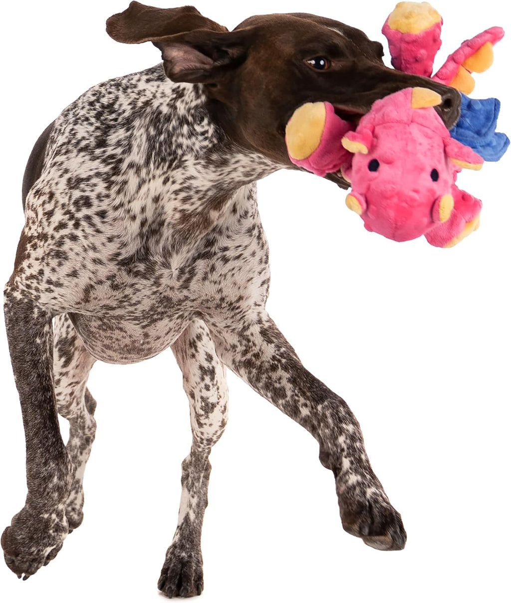 Premium goDog imported squeaky dog toy in vibrant pink coral