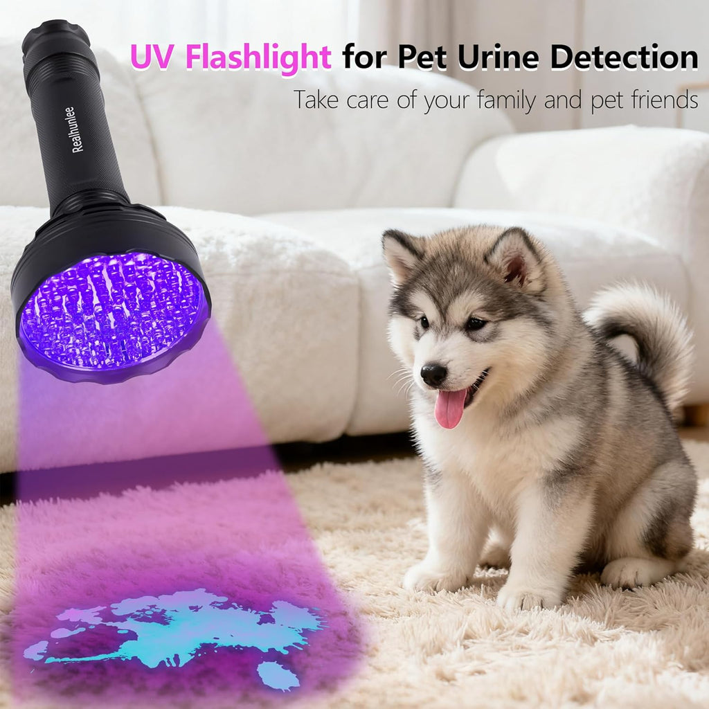 Realhunlee 395nm black light illuminating dried pet urine stains on a home carpet.