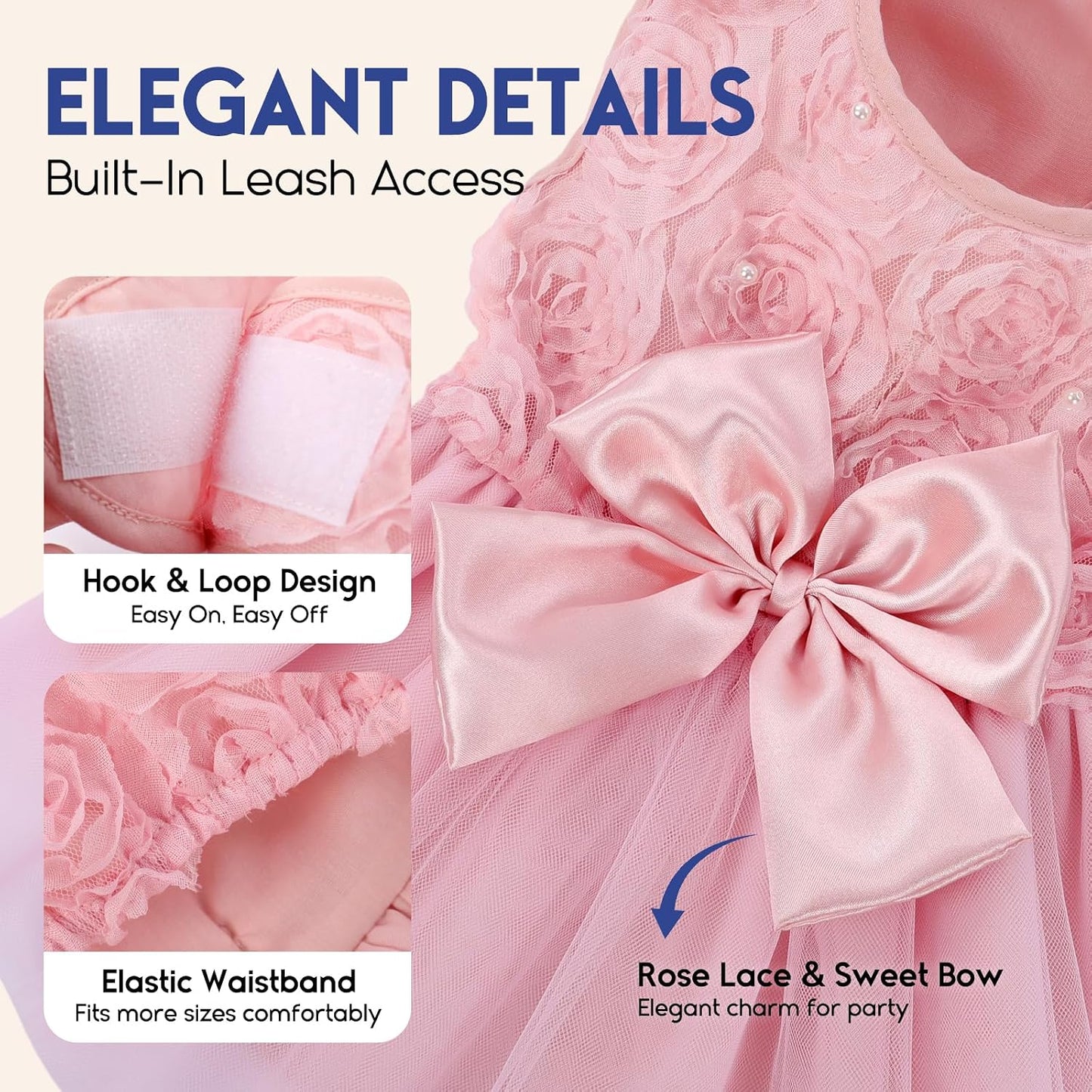ASENKU Pet Wedding Dress side angle display highlighting the six layers of fluffy pink yarn skirt.