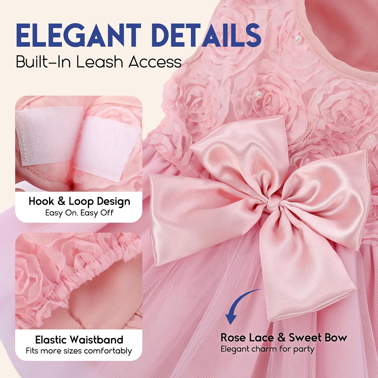 ASENKU Pet Wedding Dress side angle display highlighting the six layers of fluffy pink yarn skirt.