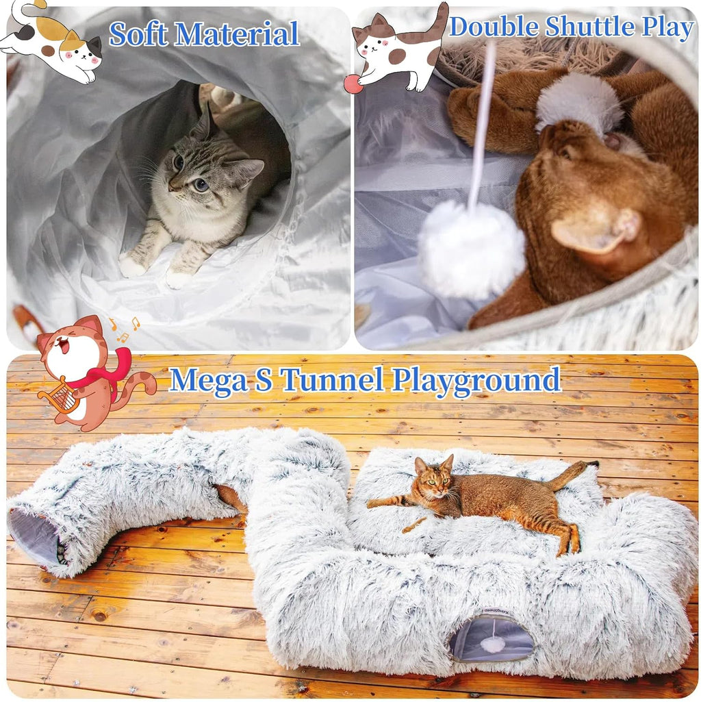 Close up shot of the dangling plush ball accessory inside the XxingSheep peekaboo cat tunnel entrance