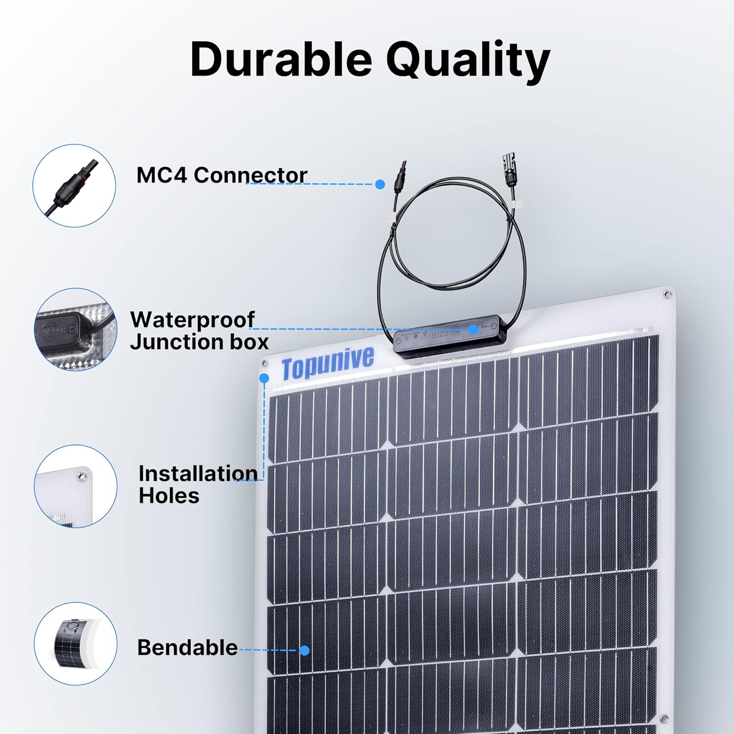 Close up of the IP67 waterproof junction box on the Topunive 100 watt solar panel.