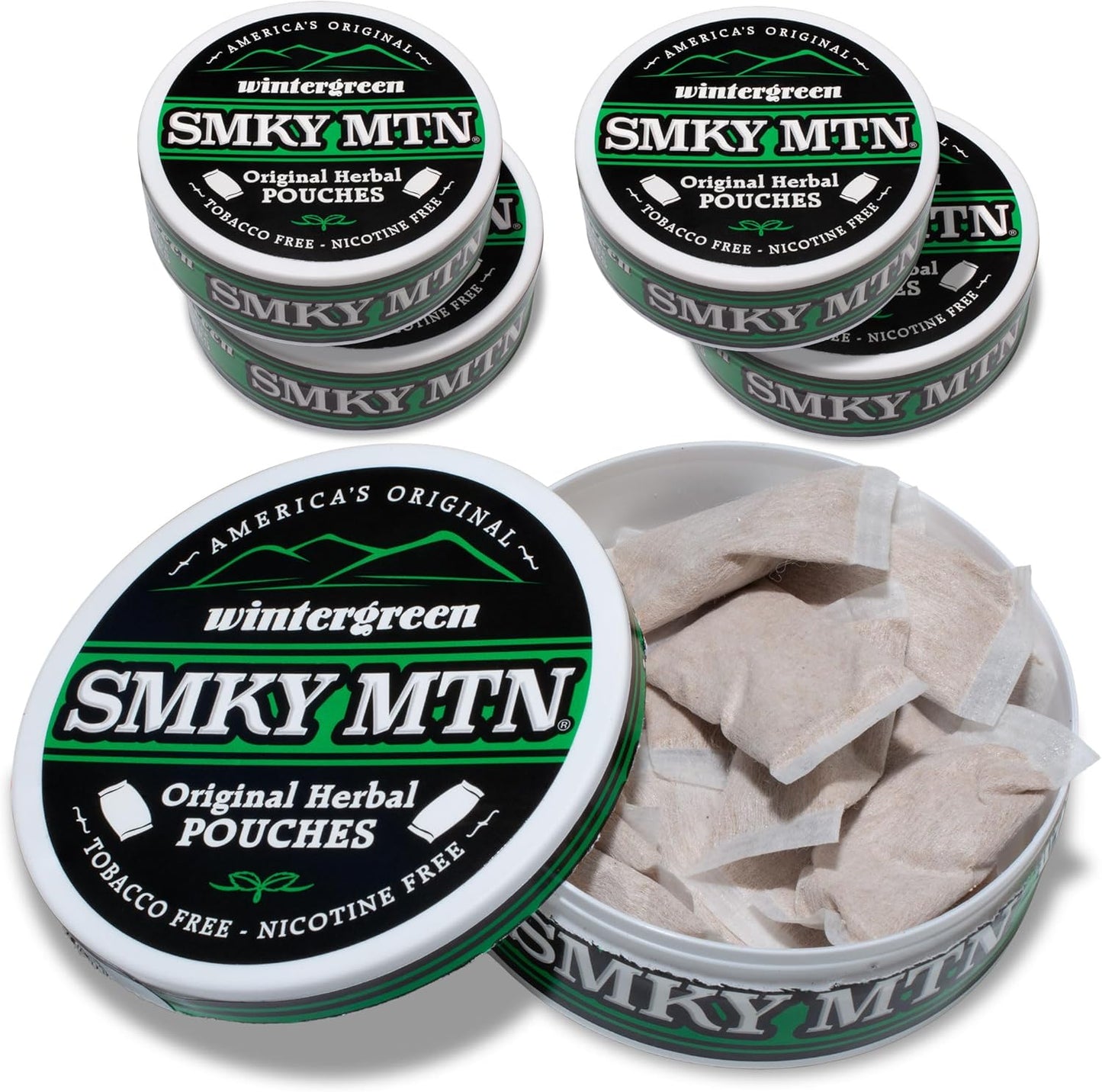 Smokey Mountain Herbal Pouches Wintergreen 5 can box front view for tobacco free alternative.