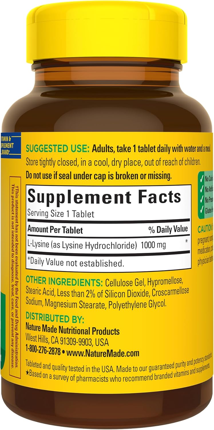 Nature Made L-Lysine 1000 mg tablets unflavored dietary supplement bottle layout for protein synthesis