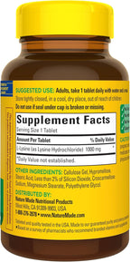 Nature Made L-Lysine 1000 mg tablets unflavored dietary supplement bottle layout for protein synthesis