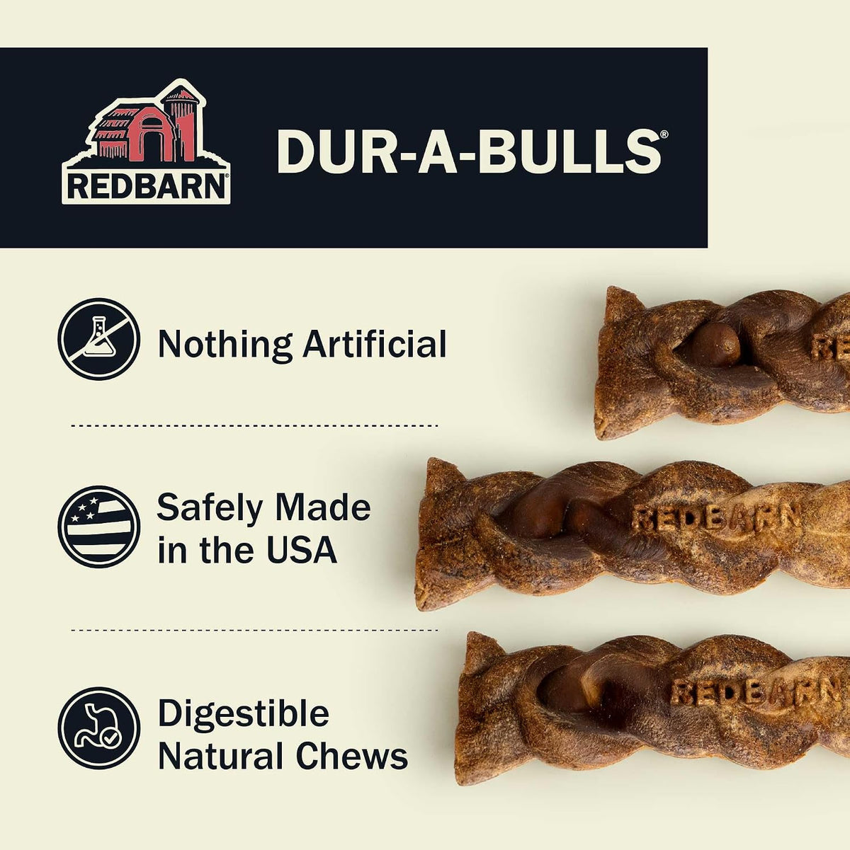 Three large braided hickory flavored dog treats from Redbarn