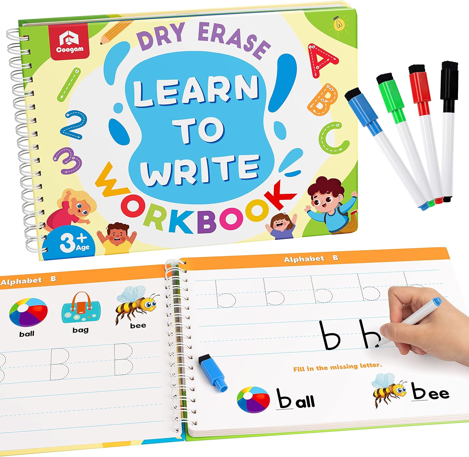 Coogam Learn to Write Workbook front view showing reusable alphabet tracing pages