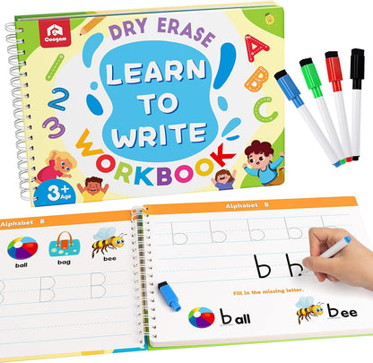 Coogam Learn to Write Workbook front view showing reusable alphabet tracing pages