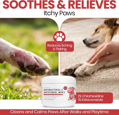 Chew + Heal Labs antibacterial dog wipes back label showing active ingredients.