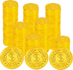 WSepascI plastic gold coins bulk set front view for pirate theme parties
