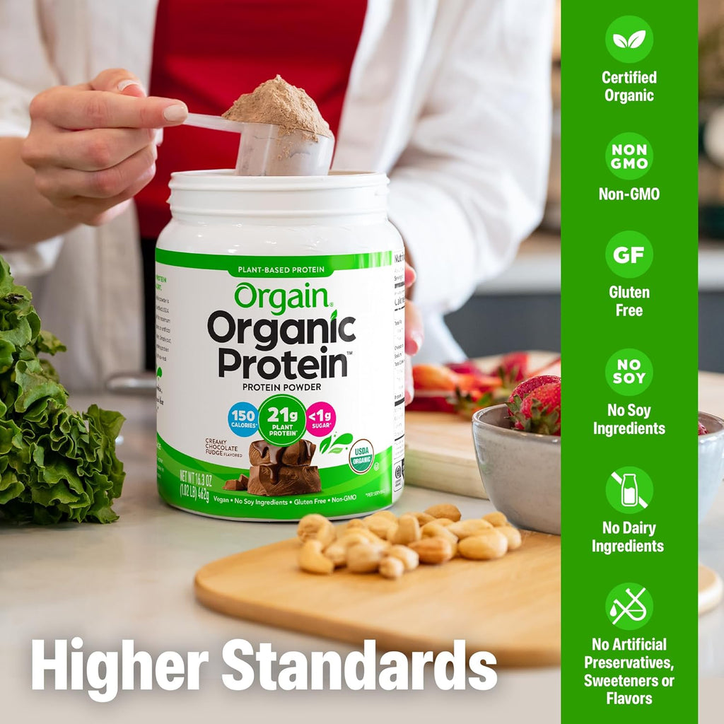 Orgain organic plant protein powder blended into a smooth chocolate shake
