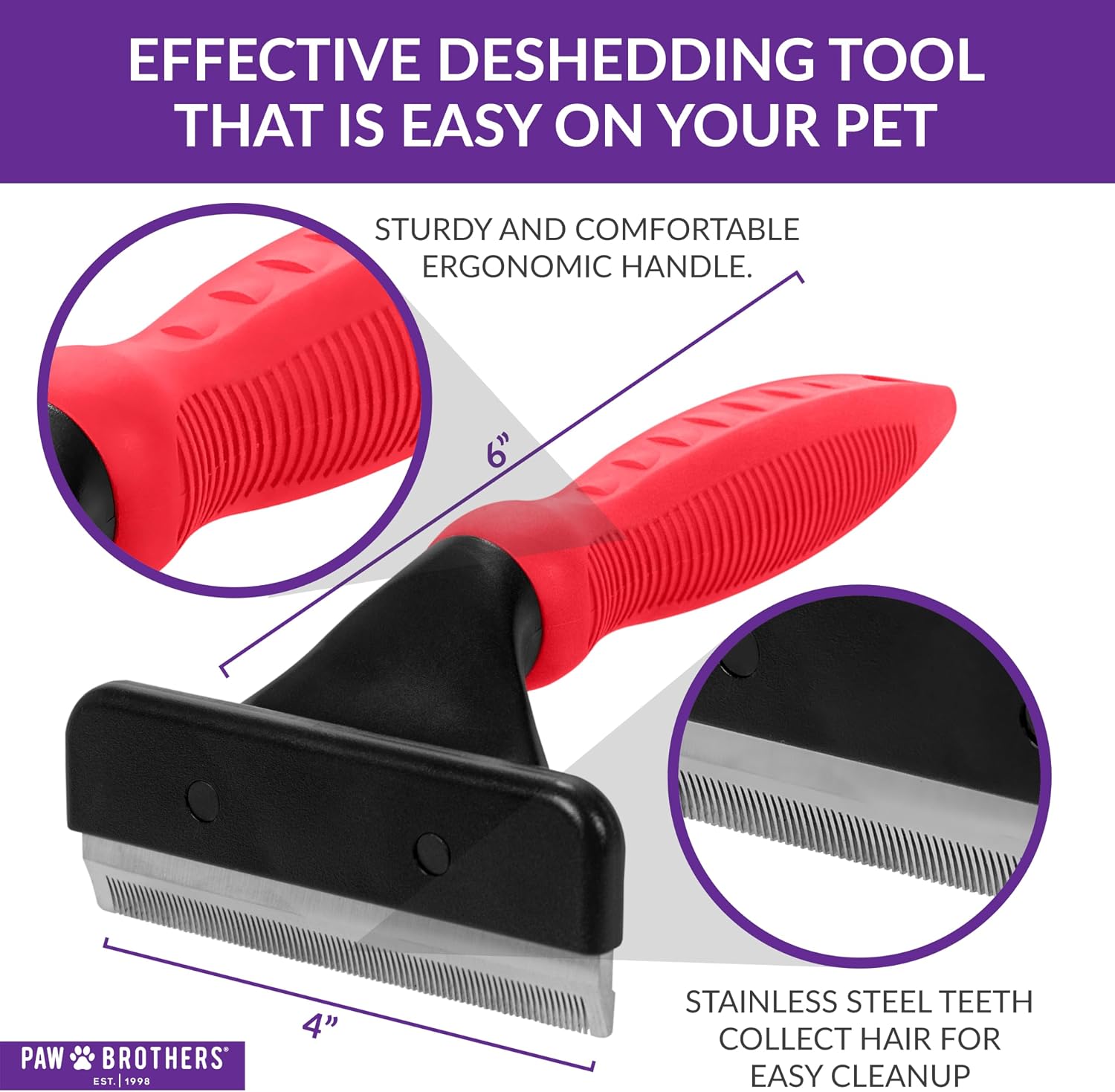 Paw Brothers pet hair remover brush angled profile emphasizing the comfortable non-slip rubber handle.