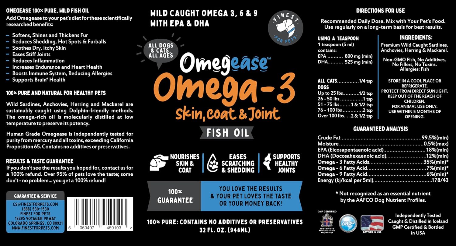 100% Pure Fish Oil for Dogs & Cats (1,545mg Omega 3 per Teaspoon) 32oz. Loaded with EPA & DHA for Joints, Skin & Coat, Itching, Heart & Immune Health. Stronger Than Salmon Oil. Unflavored Omegease. - Image 9