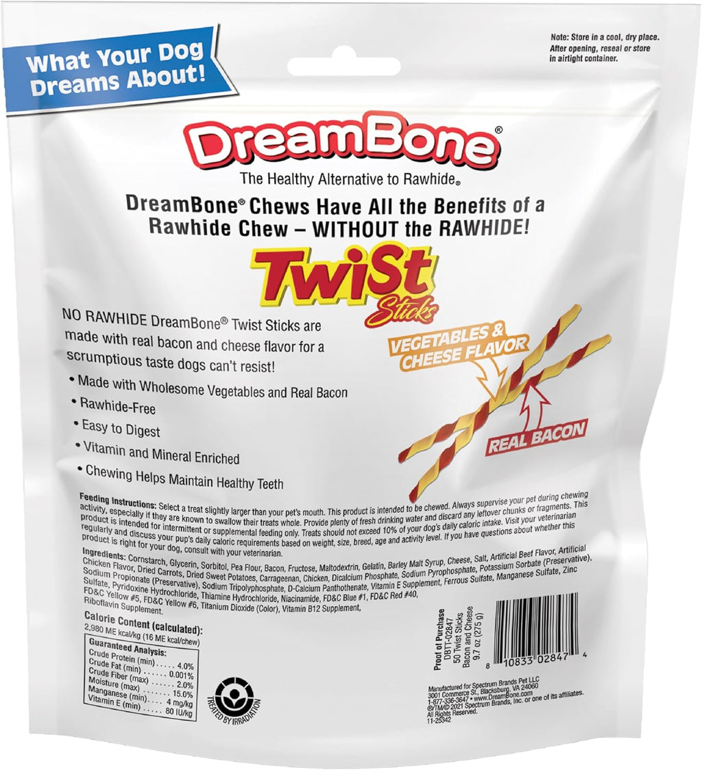 DreamBone twist sticks packaging showing bacon and cheese flavor