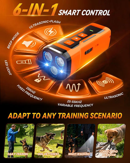 Orange iBurr dog training tool showing triple ultrasonic emitters