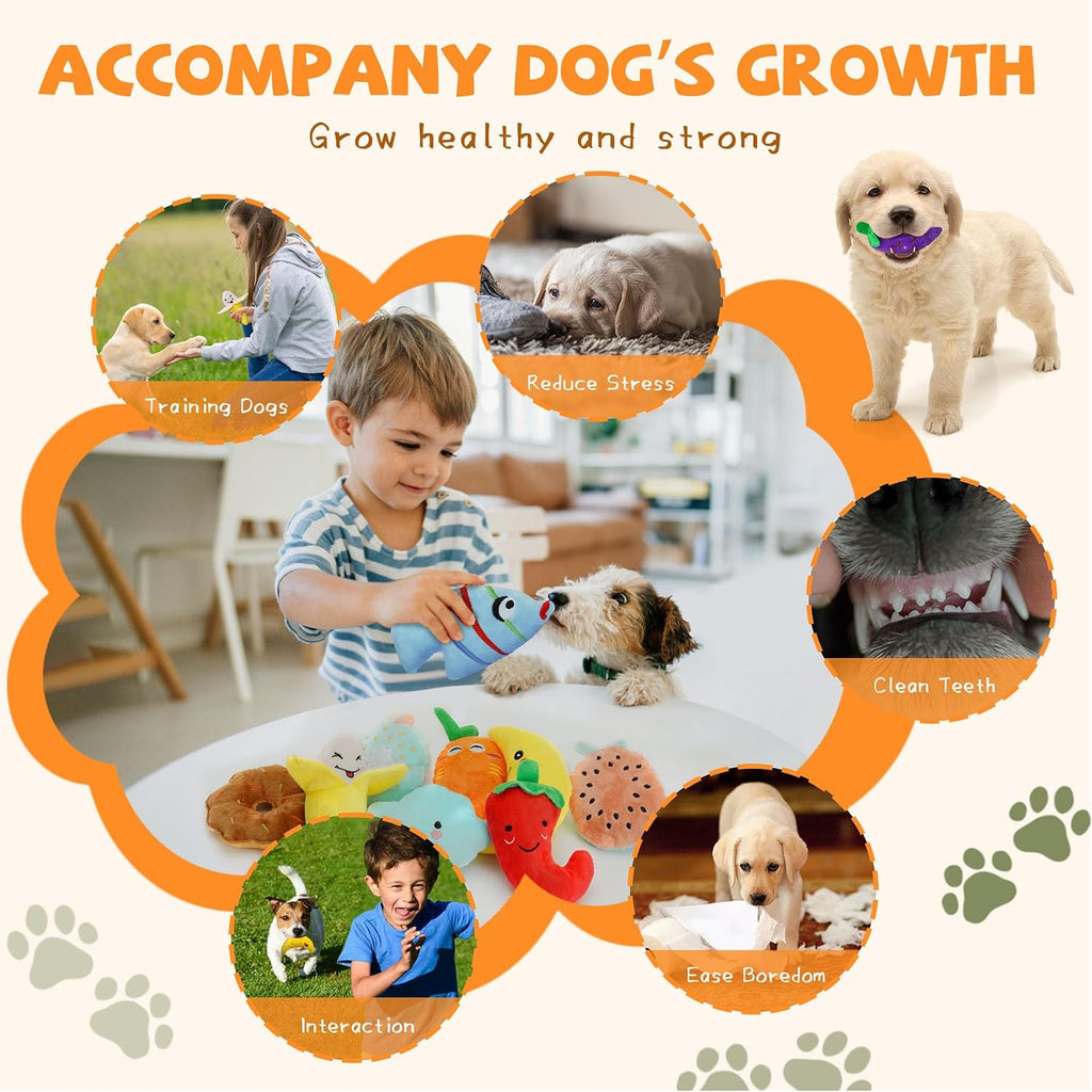 QTwoof twenty piece pet collection including internal squeaker plush toys and four complimentary dog bags.