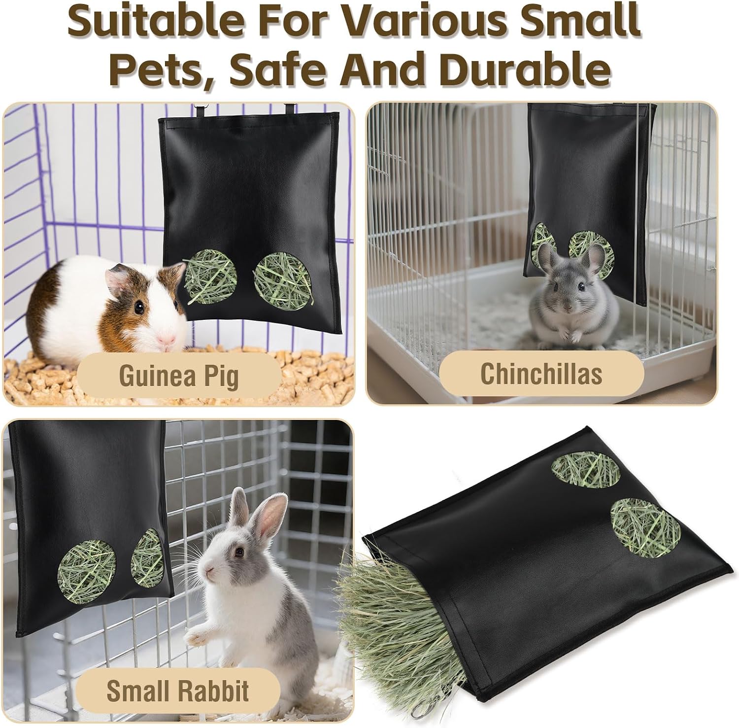 2Pcs Hanging Hay Feeder Bag for Guinea Pigs, Capacity of 0.35 Pounds of Hay, 11.8 x 9.8 Inch Bilayer Harmless Artificial Leather, 2-Hole Washable Hay Feeding Pouch for Small Rabbit, Chinchillas - Image 8