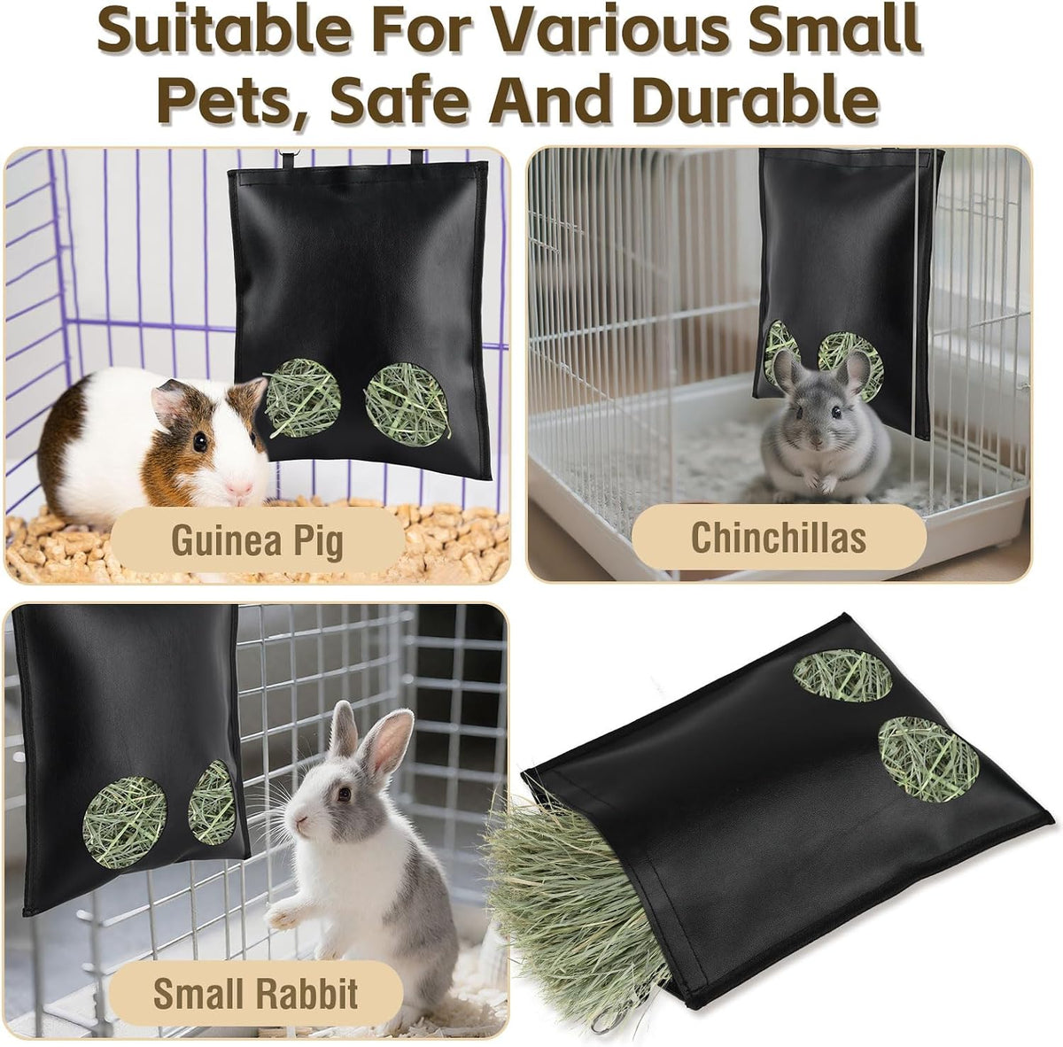 2Pcs Hanging Hay Feeder Bag for Guinea Pigs, Capacity of 0.35 Pounds of Hay, 11.8 x 9.8 Inch Bilayer Harmless Artificial Leather, 2-Hole Washable Hay Feeding Pouch for Small Rabbit, Chinchillas - Image 8