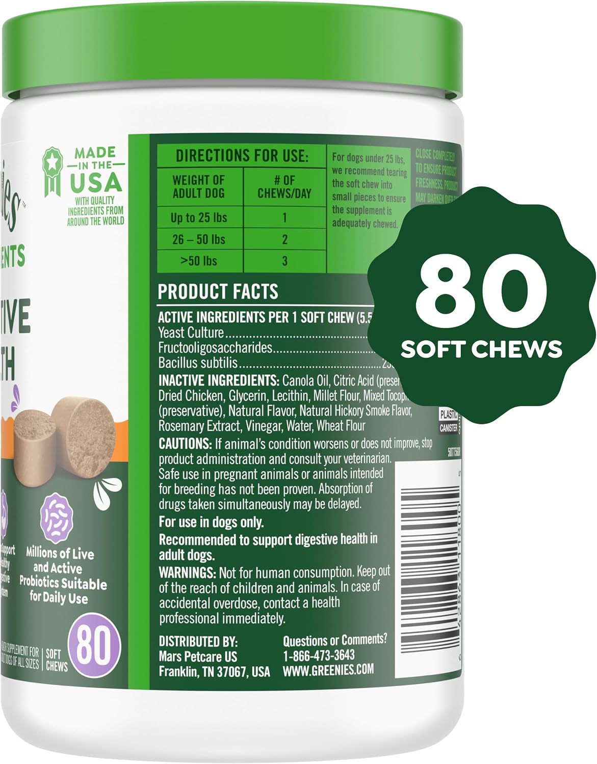 Greenies dog probiotic soft chews packaging highlighting the Tri-Biotic blend for canine gut health.