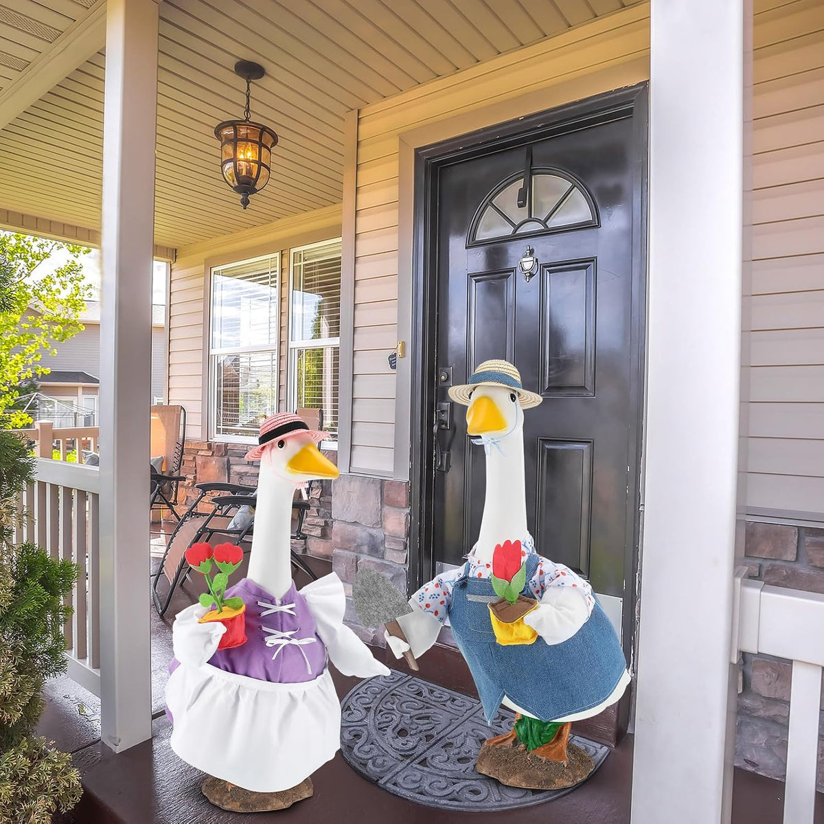 Arrowbash spring theme yard goose decoration couple clothes display.