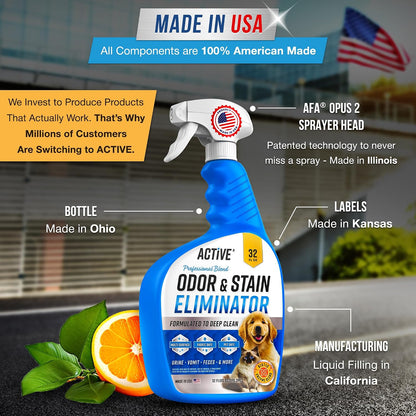 ACTIVE pet odor eliminator 32 ounce bottle showcasing product labeling and benefits.