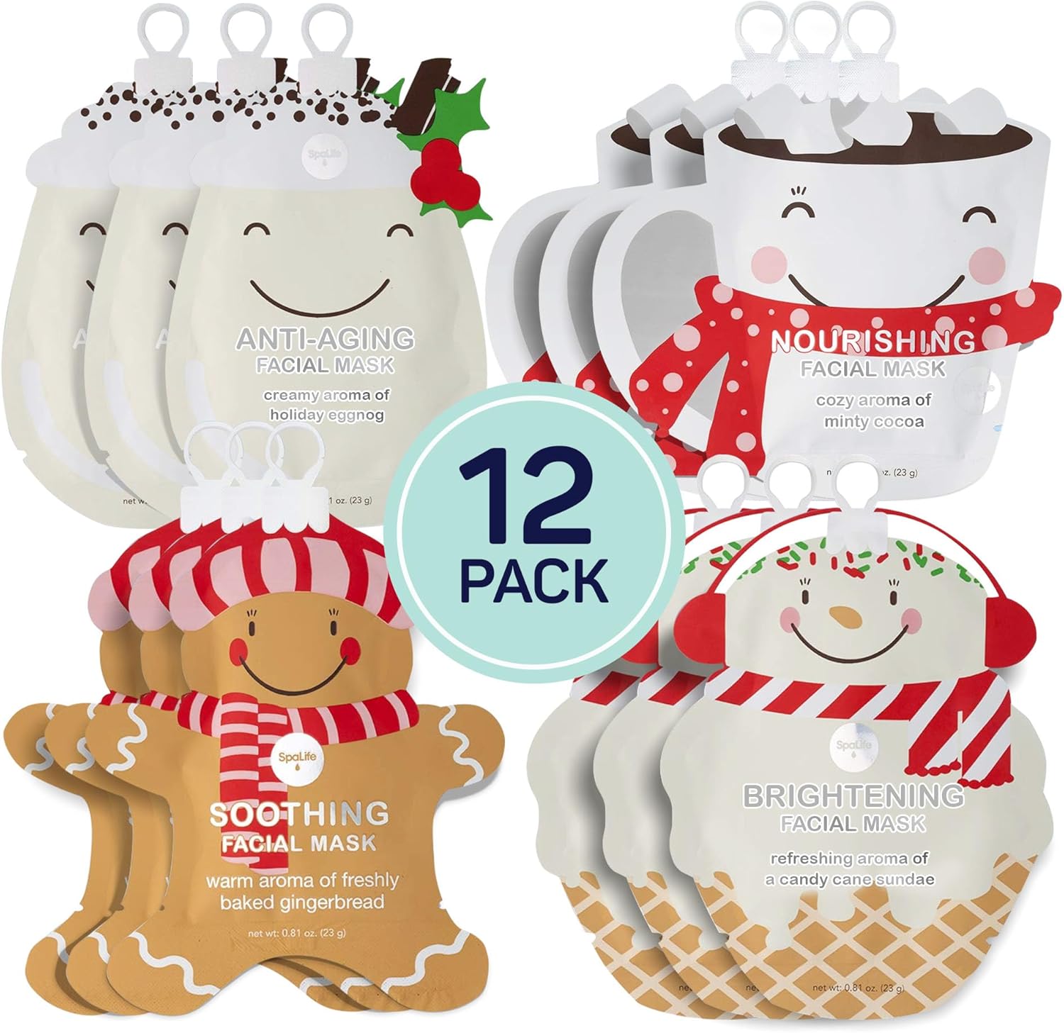 SpaLife Beauty Holiday Treats Christmas Face Mask Bundle | Korean Facial Mask | Hydrating, Soothing and Moisturizing Sheet Mask Set | Stocking Stuffers for Women | Bulk Christmas Gifts | 12 Pack - Image 1