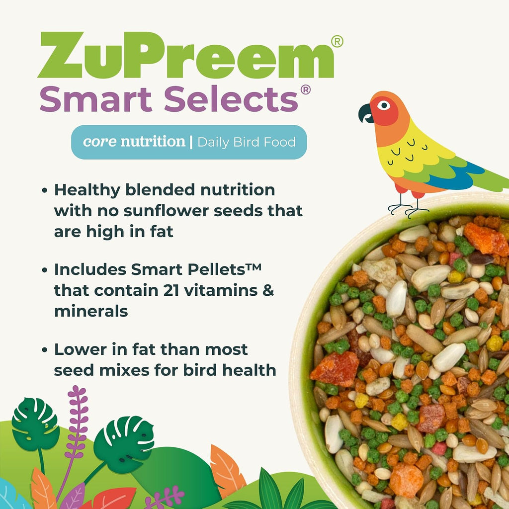 ZuPreem Smart Selects bird food packaging details and nutritional information