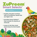 ZuPreem Smart Selects bird food packaging details and nutritional information