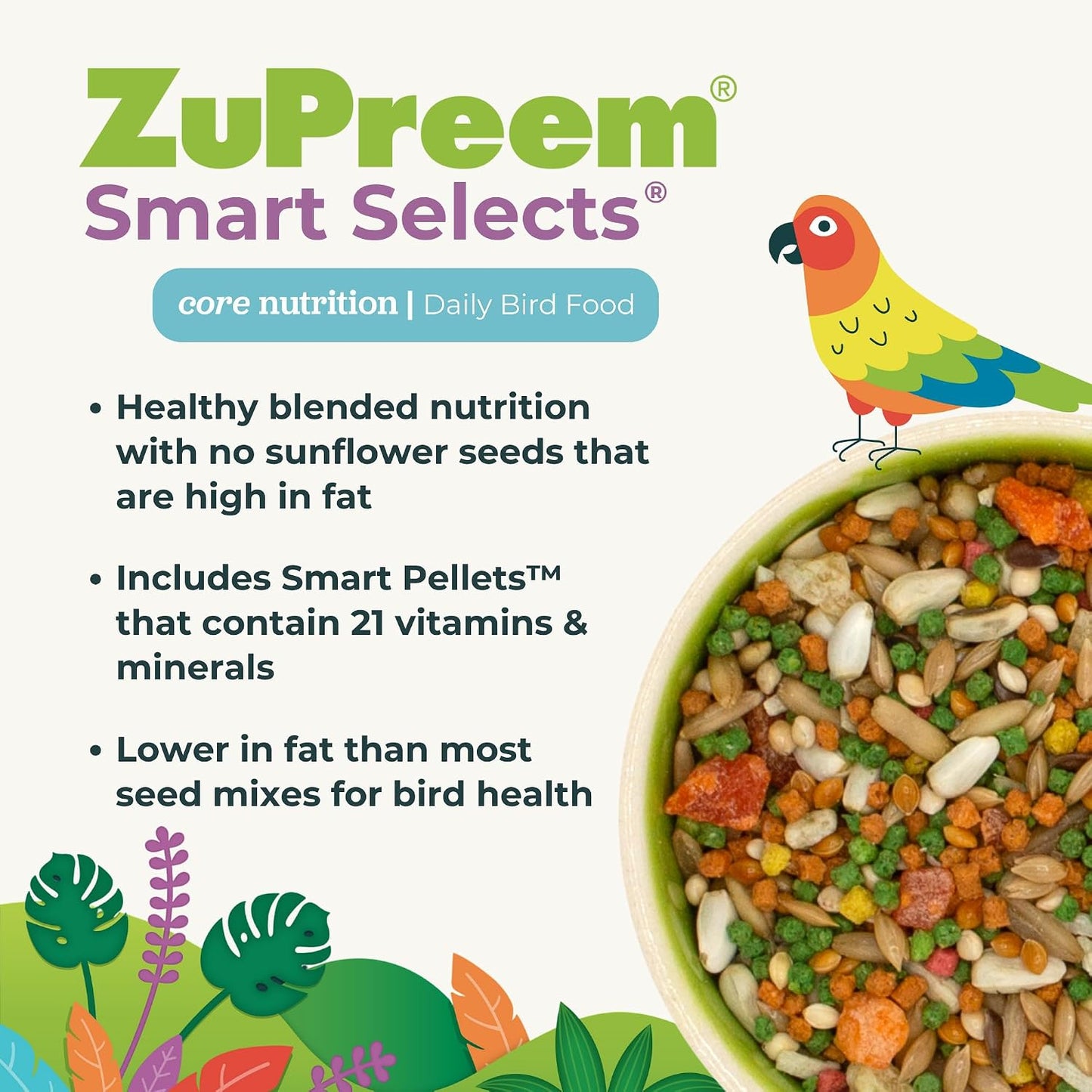 ZuPreem small bird food pellets and seed blend in bowl