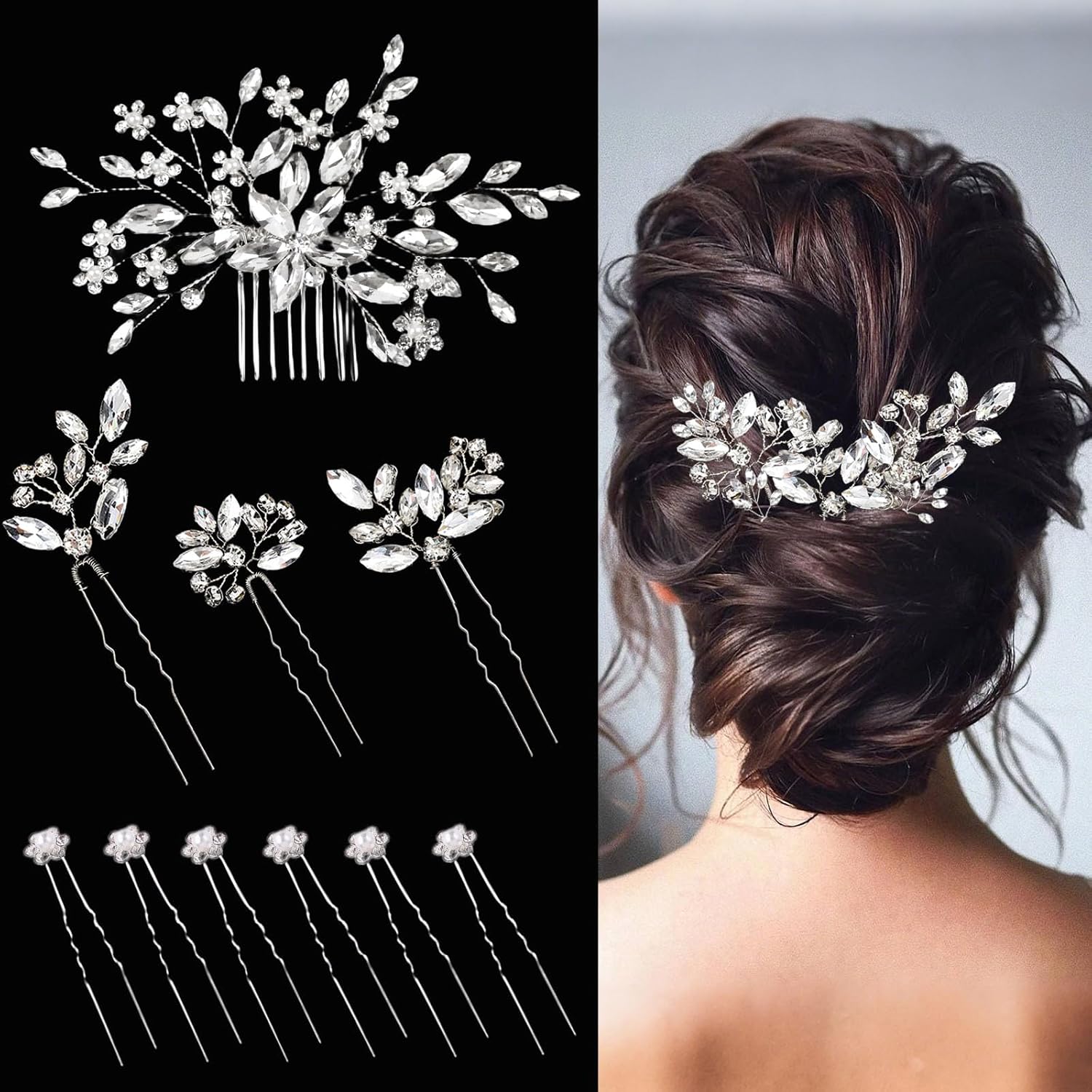 SHEHARUHI bride hair pins front view showing ten pieces of sparkling silver rhinestone accessories.