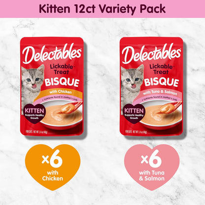 Kitten eating Delectables Bisque from a bowl