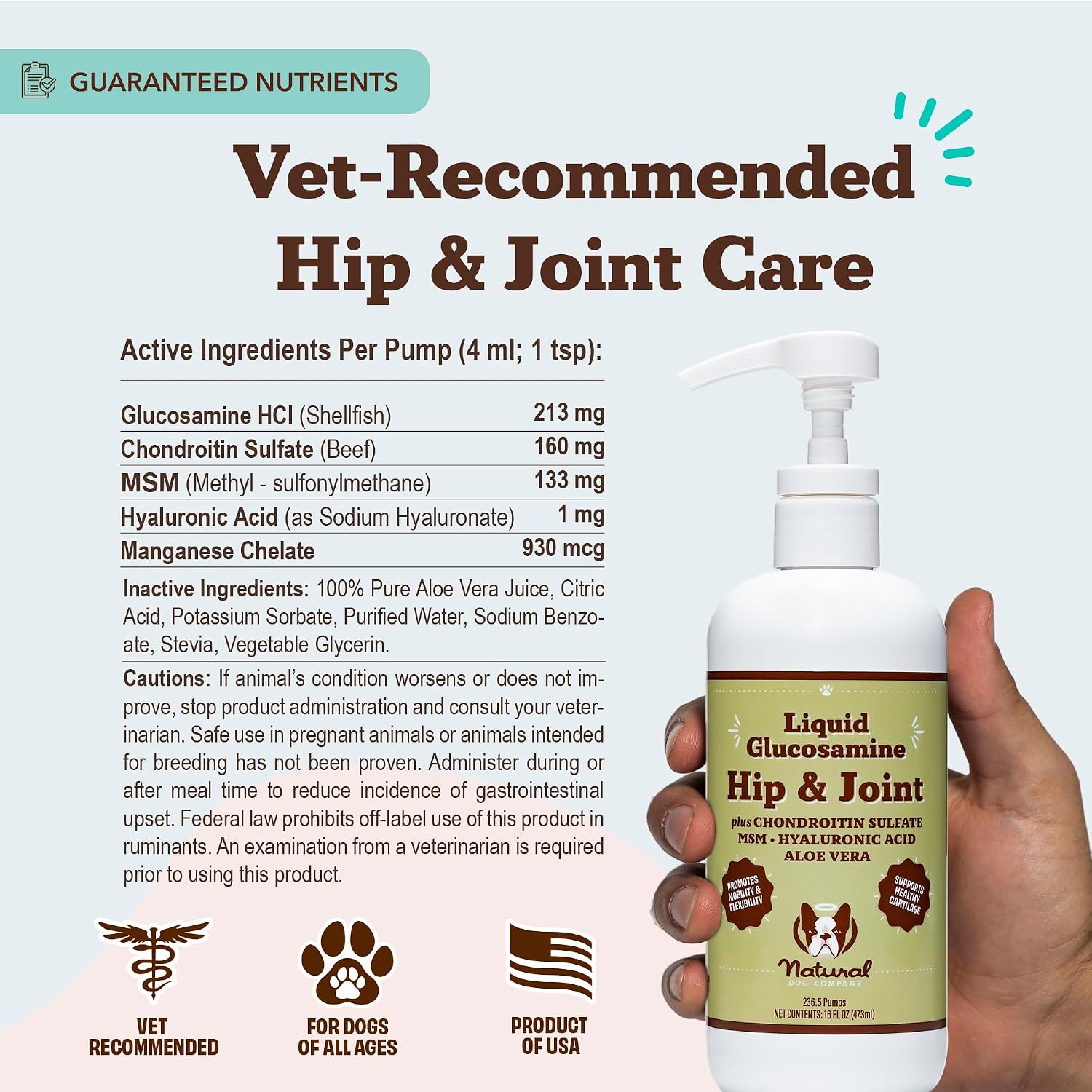 Premium imported dog mobility liquid supplement food topper bottle