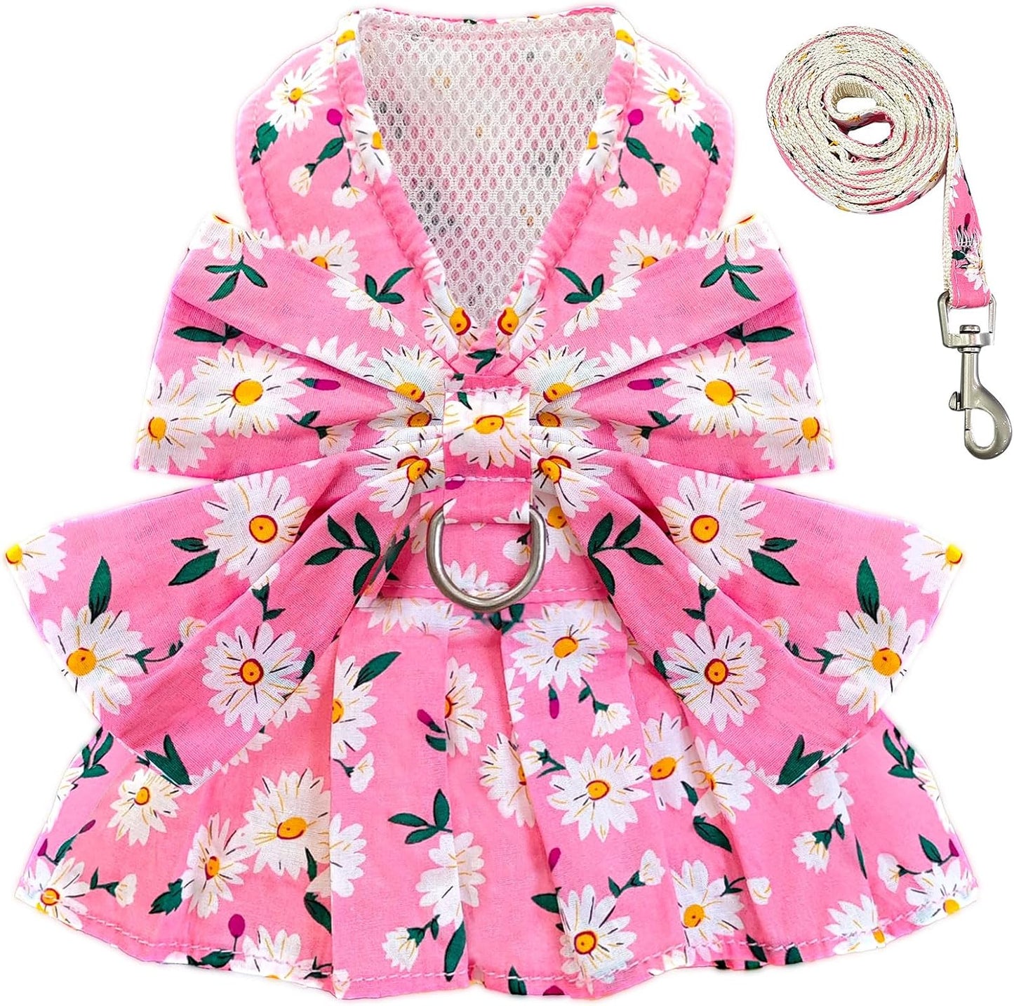 BAEJMJK dog dress harness leash set front view pink daisy floral princess outfit