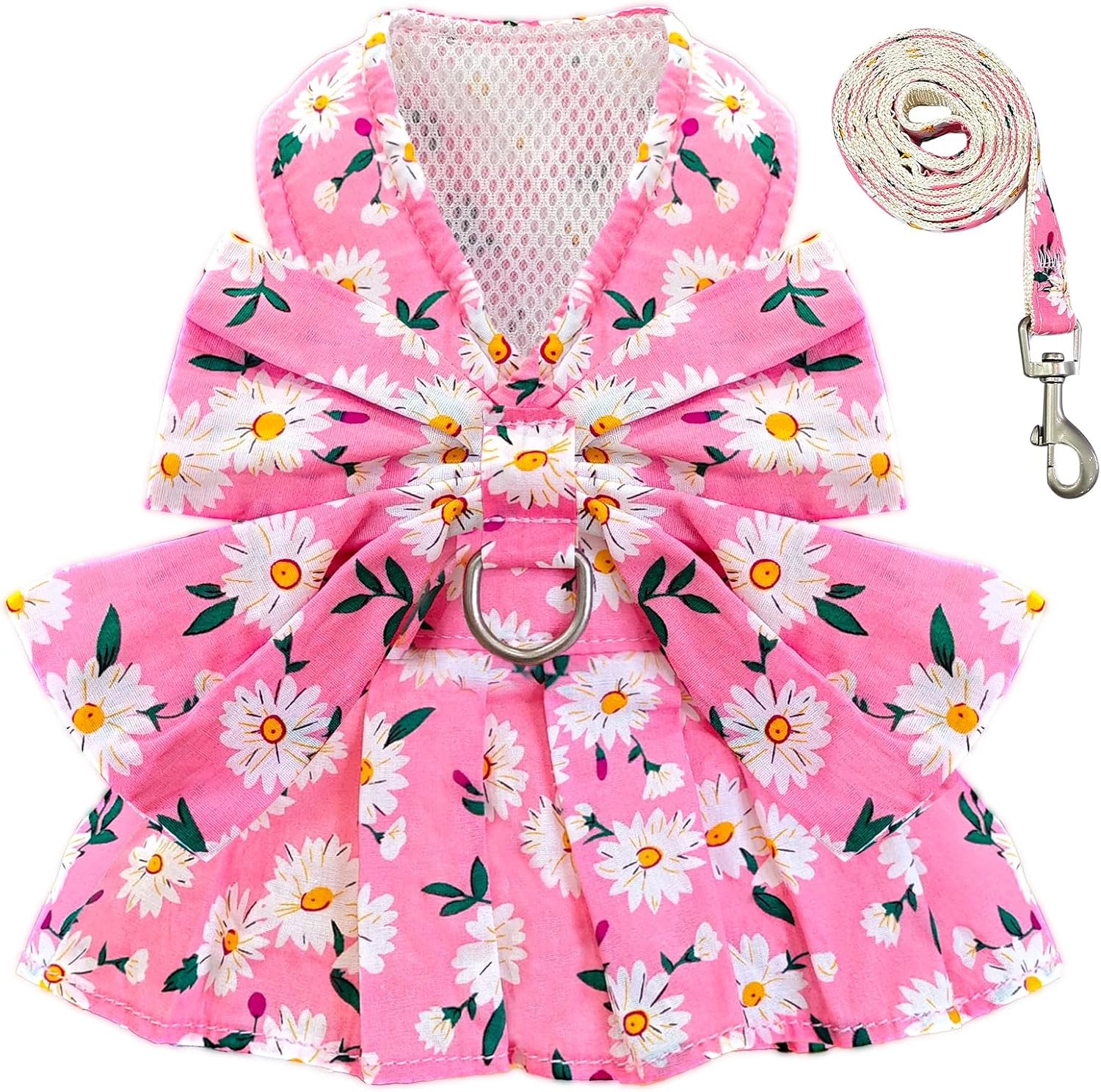 BAEJMJK dog dress harness leash set front view pink daisy floral princess outfit