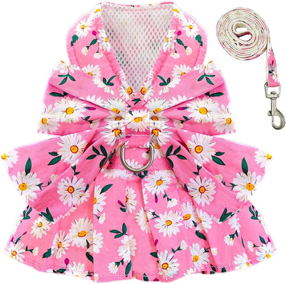 BAEJMJK dog dress harness leash set front view pink daisy floral princess outfit